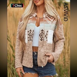 Asvivid Women's Quilted Beige Jacket with Tribal Design